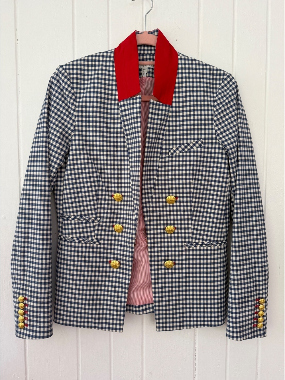 Veronica Beard Women's Navy and White Gingham Blazer with Gold Buttons, Size M